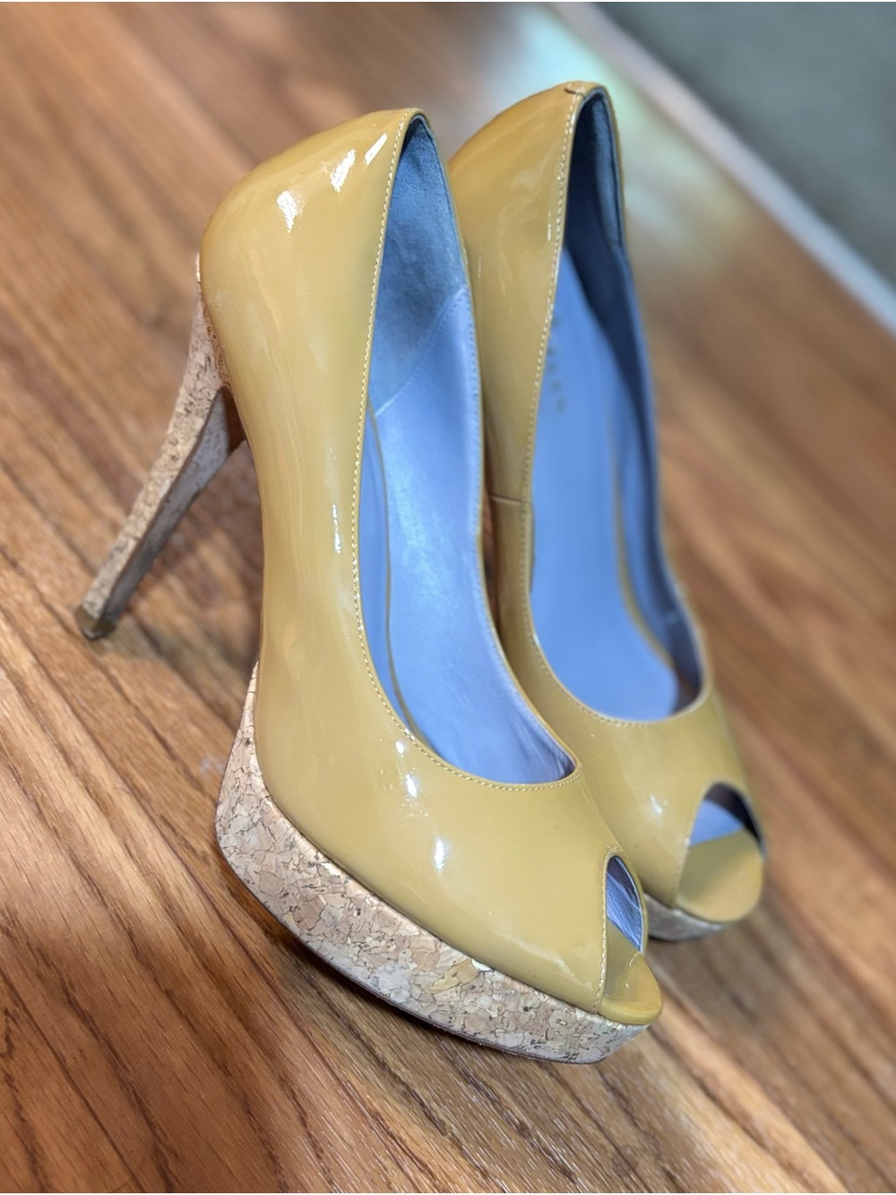 Cole Haan Yellow Patent Peep-Toe Cork Platform Heels